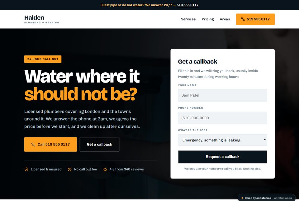 A demo site for Halden Plumbing, with a callback request form