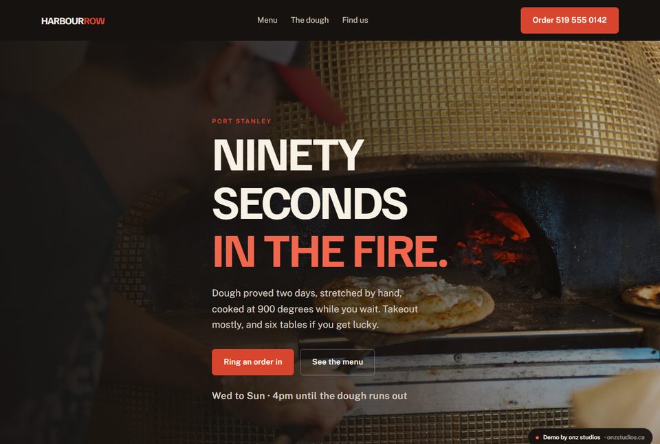 A demo site for Harbour Row Pizza, with a headline reading ninety seconds in the fire