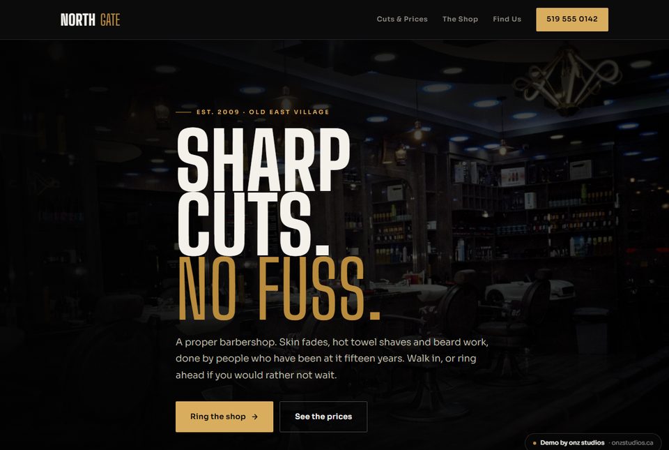 A demo site for Northgate Barbers, with a headline reading sharp cuts, no fuss